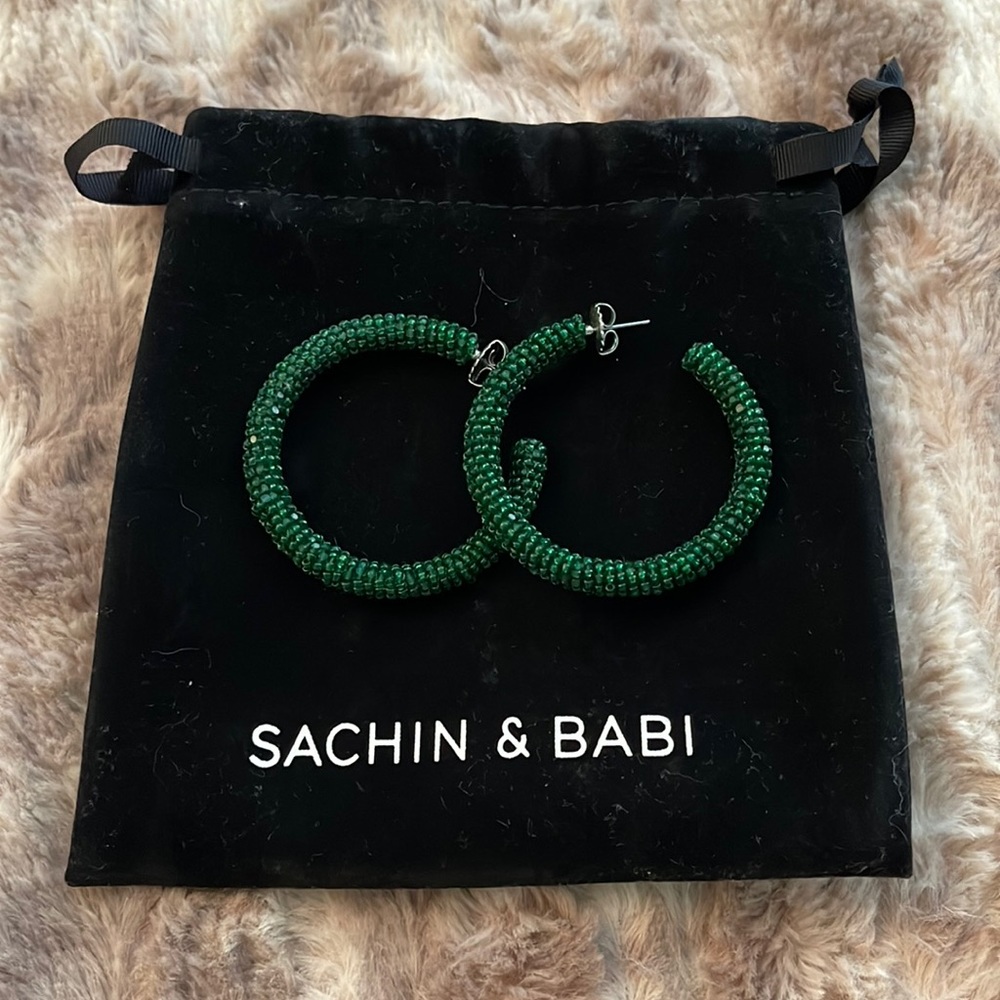 Sachin & Babi - Emerald Green Beaded Hoops